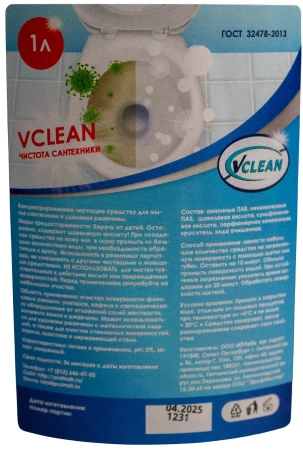 Чистящее средство: Vclean Чистота сантехники с щавелевой кислотой 1л